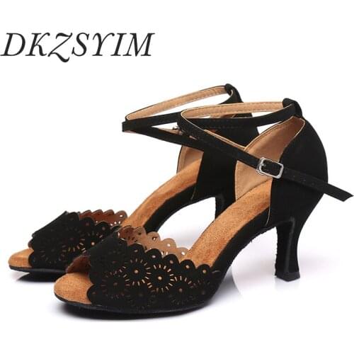 DKZSYIM Black Latin Dance Shoes Women/Ladies Ballroom Dancing Shoes Soft Soles Cut-Outs Dance Sandals High Heels