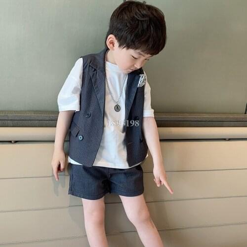 Childrens Casual Double Breasted Vest Set Boys 2021 Summer Handsome Striped Vest Shorts 2pcs Clothing Set Kids Party Costume