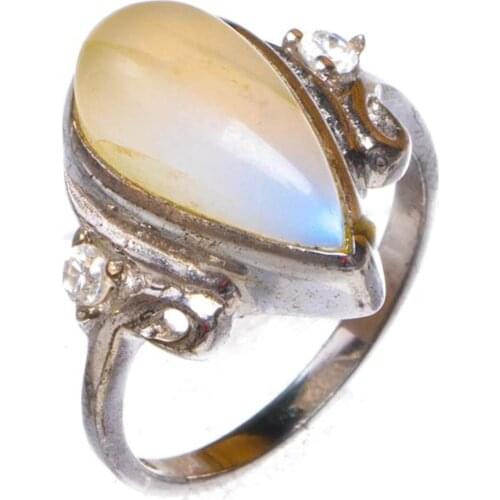 Natural Rainbow Moonstone And Zircon Handmade 925 Sterling Silver Ring 6.5 D1168