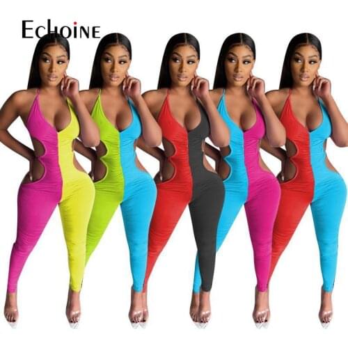 Echoine Women Summer Splicing Hollow Out Playsuit Sexy Sleeveless Backless Elastic Bodycon jumpsuits Casual Tracksuit overalls