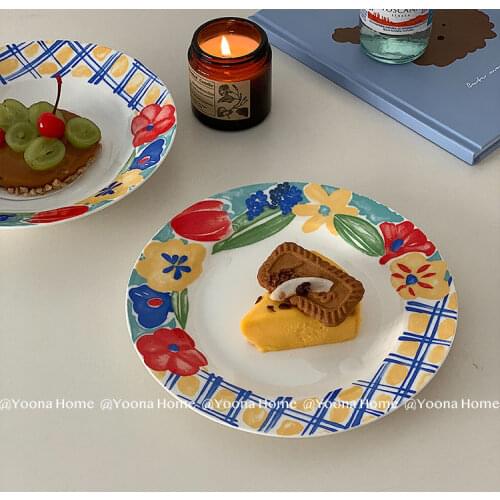 Korean INS Blogger with Retro Hand-painted Flowers Watercolor Plaid Plate Western Dinner Plate Dessert Plate
