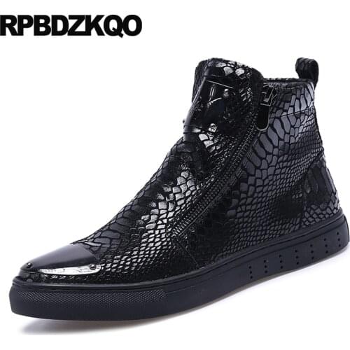 Patent leather high top faux fur fashion designer shoes men quality metalic snakeskin crocodile black sneakers booties boots