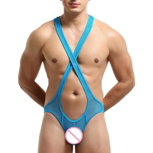 Men Crisscross Front Bulge Pouch Sheer Underwear Mesh Cutout Jockstrap Teddies Open Butt Briefs Thong Wrestling Singlet Bodysuit