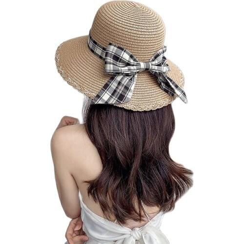 New Girl Laides Cute Ribbon Sun hat Summer Women Holiday Beach Visor Hat Sun protection Caps with Plaid Bow Bowknot