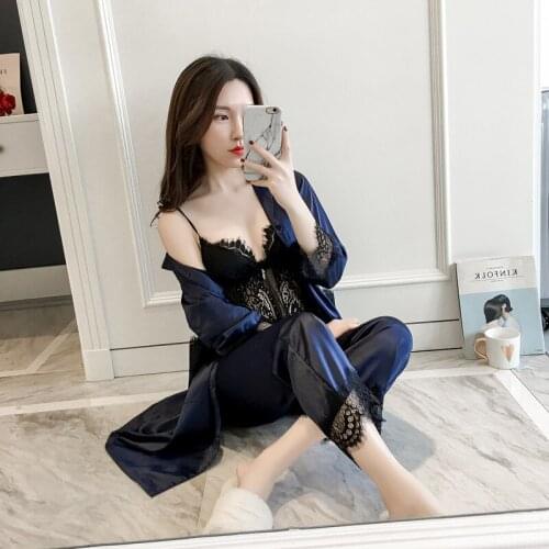 Pajamas Female Summer Shirt Skirt Hollow Pantsuit Silk Lace Suspenders Homewear Casual Sexy Long Sleeve Sleepwear Set 3PCS Халат