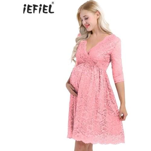 Iefiel Women Maternity Dresses Elegant Floral Lace Pregnant Dress Vestidos Overlay Half Sleeves Knee Length Pregnant Dresses