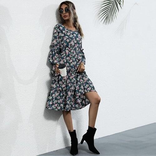 Nine-quarter Sleeve Spring And Autumn Floral Print Dress Ladies Party Belt Ruffled Round Neck A-line Elegant Summer Dress