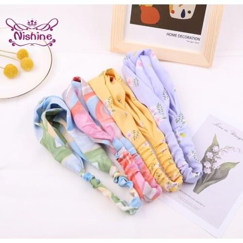 Nishine Vintage Flower Pattern Women Hairband Fashion Print Cross Elastic Headband Girl Sports Yoga Headwear Clothing Decoration