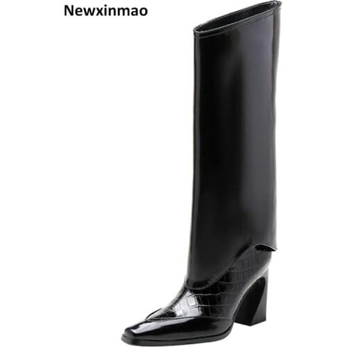 Classic Design Genuine Leather Shoes Woman Heels 2021 New Fashion Thick Heels Boots Boots Party Working Knee High Boots