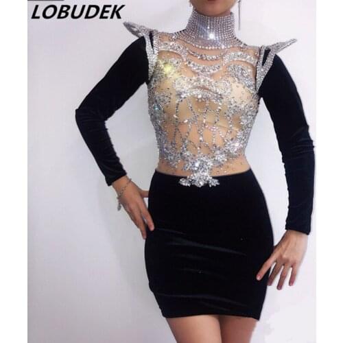 One-piece dress female costumes Crystals sexy Stage wears Bar rhinestones dancer DJ DS performance show star bar see-through