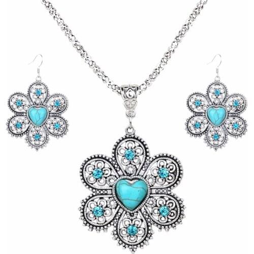 Vintage Antique Silver Color Jewelry Set Fashion Blue Stone Rhinestone Hollow Flower Earrings Pendant Necklace Set For Women