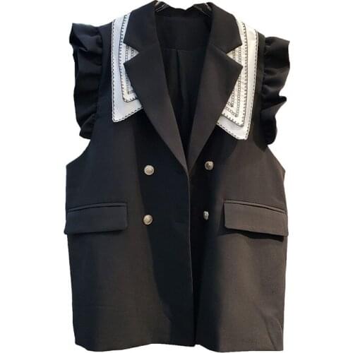 European Spring Autumn New Niche Design Notched Contrast Color Pleated Wooden Ear Sleeveless Jacket Vests Women Fashion 2021