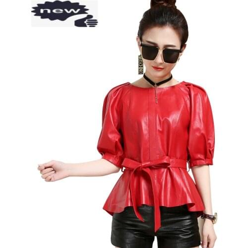 New Fashion High Quality Womens Zipper Short Genuine Leather Sheepskin Streetwear Ladies Coats Black Red Sashes O-Neck