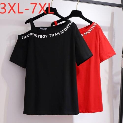 New 2021 summer plus size tops for women large loose short sleeve black red cotton off shoulder T-shirt 3XL 4XL 5XL 6XL 7XL