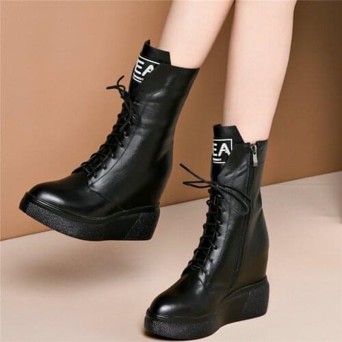 Punk Creepers Women Lace Up Genuine Leather Wedges High Heel Ankle Boots Female High Top Round Toe Fashion Sneakers Casual Shoes