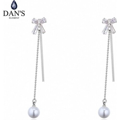 DANS Element 3 Colors Real Austrian Crystals Bowknot Long Pearl Earrings for Women Valentine Gift New Fashion 127189