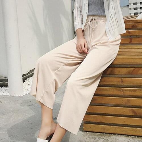 Women Solid Color High Waist Drawstring Wide Leg Trousers Loose Straight Pants