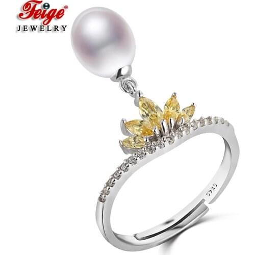 Fashion Crown 925 Sterling Silver Natural Freshwater Pearl Cubic Zircon Charm Rings for Women Anniversary Gifts Jewelry FEIGE