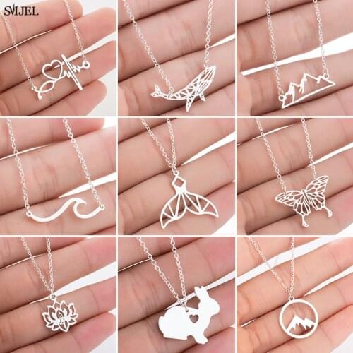 Stainless Steel Mountain Rabbit Necklace for Women Vintage Cute Lotus Yoga Wave Whale Butterfly Necklaces Pendant Collier 2021