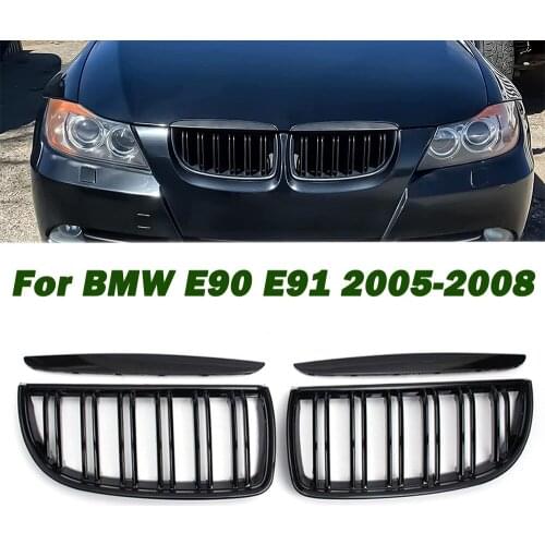 1Pair Glossy Matte Black Color 2 Line Front Kidney Grille Grill Double Slat For BMW E90 E91 3 Series 2005 2006 2007 2008