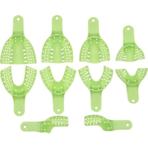 10pcs/box Green Mouth Autoclavable Dental Impression Trays Denture Tray Mouthpieces Plastic-Steel Model Materials Dental Tray