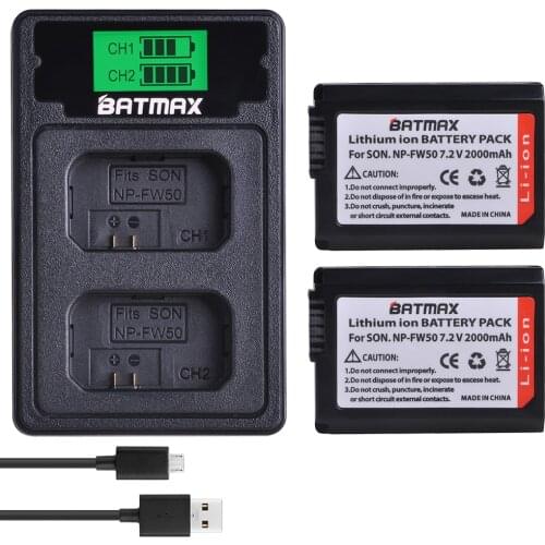 2Pcs 2000mAh NP-FW50 NP FW50 Battery + LCD USB Dual Charger for Sony Alpha a6500 a6300 a7 7R a7R a7R II a7II NEX-3 NEX-3N NEX-5