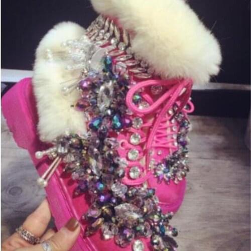2019 pink Winter womens boots European station heavy work beaded red beads rabbit fur Martin boots