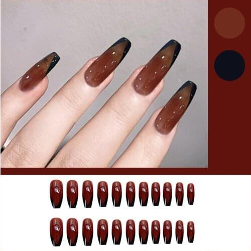 24pcs Red Black Fake Nail Patch Glue Type Removable Long Paragraph Fashion Manicure Save Time False Nail Patch SK88