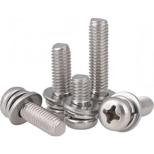 5-200pcs Cross Recessed Pan Head Screw with Washer 304 Stainless Steel M2.5 M3 M4 M5 M6 Three Combination Machine sems screw