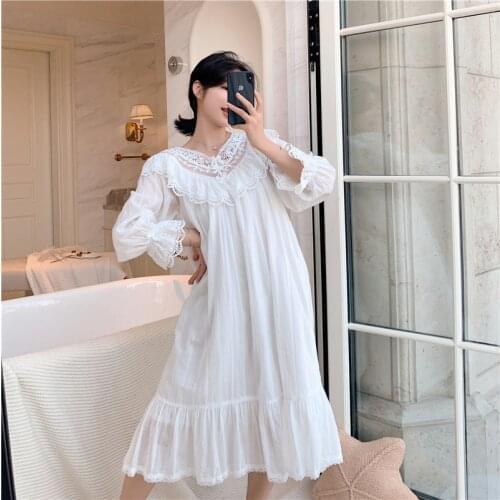 Daeyard White Vintage Nightgowns Women Embroidered Sexy Lace Nightdress French Palace Princess Dress Woven Cotton Home Clothes