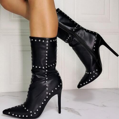 Black Pointed Toe Big Rhinestone Ornament Ladies Fashion Shoes Boots Side Women Winter Side Zip Sexy Short Booties Big Size 47