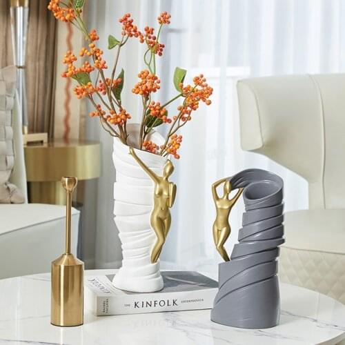 Creative Resin Golden Figure Vase Ornaments Abstract Art White Gray Desktop Flower Arrangement Room Home Decoration Modern