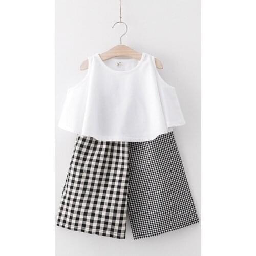 2019 children summer sets Kids Girls new fashion white Vest + patchwork plaid loose shorts clothing set 3-8 years