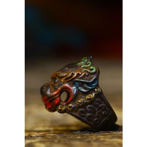 Home Decor 1" Tibet Buddhism Old Bronze Tracing Unicorn head statue Ring wristband Pendant Exorcism Ward off evil spirits