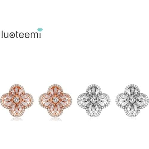 LUOTEE Quality Cubic Zircon Setting Fashion Dubai Rose Gold Color Flower Stud Earrings For Bridal Wedding Jewelry