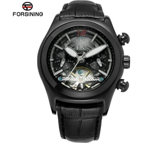 FORSINING Gold Skeleton Tourbillon Mechanical Watch Men Automatic Classic Black Leather Mechanical Wrist Watches Reloj Hombre
