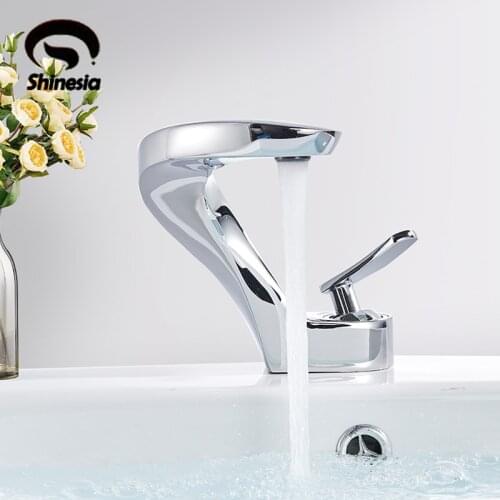 Shinesia Brushed Golden Basin Faucet for Bathroon Vessel Sink Hot and Cold Water Arc Shape Nordic Style 6 Colors Mixer Taps