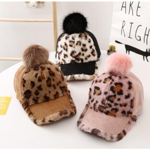 Fashion Leopard Baby Baseball Cap Autumn Winter Toddler Kids Hat Plush Warm Pompom Hat For Boy Girl Adjustable Outdoor Caps 2-7Y