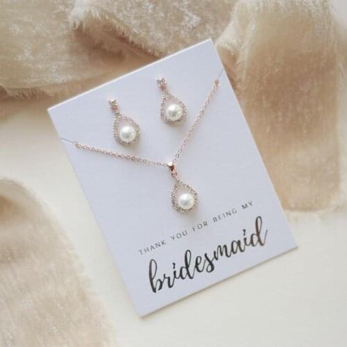 Custom pearl wedding jewelry set Bridesmaid Earrings&Necklace CZ , rose gold bride maid of honor Crystal Jewelry,thank you gift