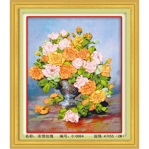 Needlework,DIY Ribbon Cross stitch Set for Embroidery kit,Yellow love rose flower ribbon Cross-Stitch Paint home wall decor