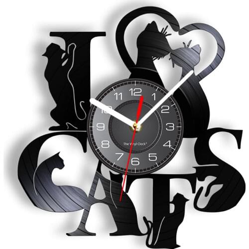 I Love Cats Wall Clock Black Cats Vinyl Record Clock Funny Kitty Kitten Wall Art Vintage House Warming Gift For Cat Lovers