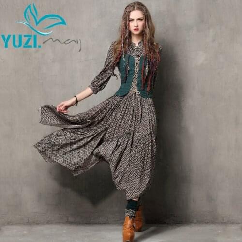 Summer Women Dress 2018 Yuzi.may Vintage Tunic Cotton Combo Dresses Mandarin Collar Three Quarter Sleeve Maxi Vestido A6526