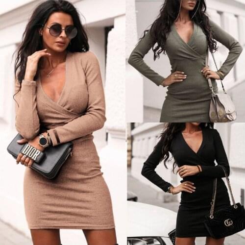 Robellii 2021 Women Dress Long Sleeve V Neck Bodycon Dress Skinny Sexy Vestidos