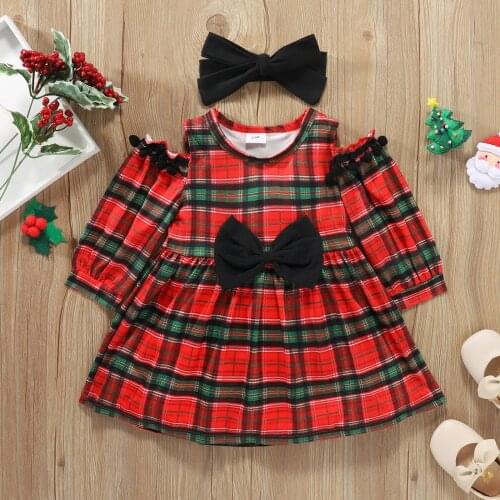 PatPat Baby 2pcs Christmas Red Plaid Off Shoulder Long-sleeve Bowknot Dress Set