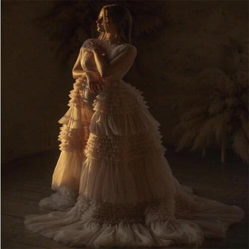 Pink Women Night Gown Sexy V Neck Pajama Girl Bathrobe Bride Sleepwear Ruffles Soft Tulle Robes Custom Made Pregnant Dress