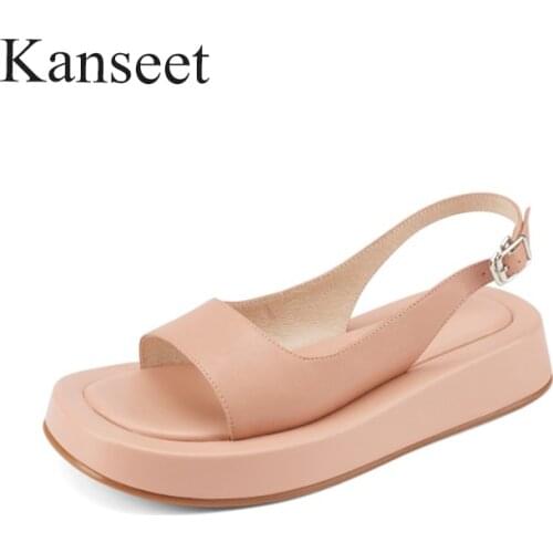 Kanseet Flats Women Shoes 2021 Summer Concise Open-Toed Casual Genuine Leather Handmade Round Toe Comfort Flat Women Sandals