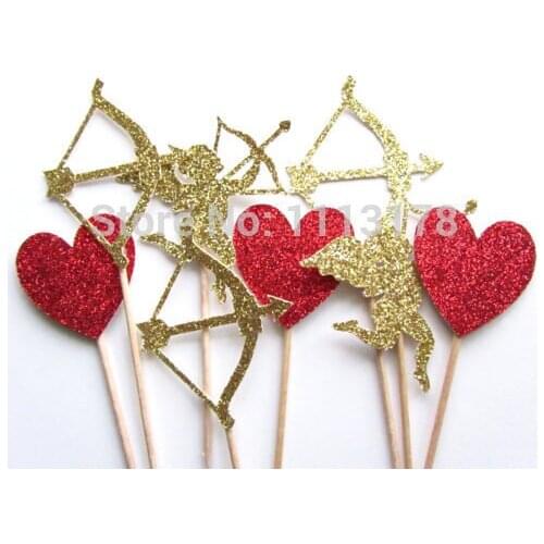 Heart, Cupid, Bow and Arrow Cupcake Toppers, Glitter Heart Cupcake Toppers, Valentines Day Party Wedding Engagement