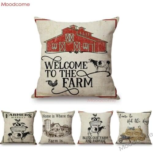 Vintage Farm Cow Chicken Letter Print Sofa Throw Pillow For Home Decoraion Sweet Farm Animals Retro Art Linen Seat Cushion Cover