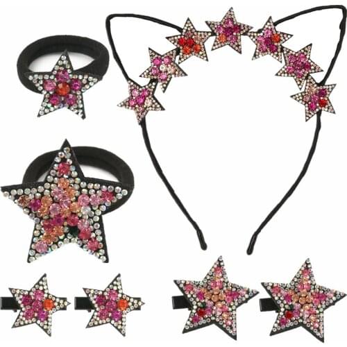 XIMA 7pcs/set Cute Girls Princess Shiny Star Hair Clip Crystal Diamond Elastic Hairband Hair Ties for Gilrs Hair Accessories