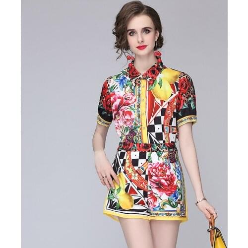 2021 New Fashion Runway Summer Two Piece Set Womens Short Sleeve Color Matching Flower Print Shirts Top＋Shorts Suits